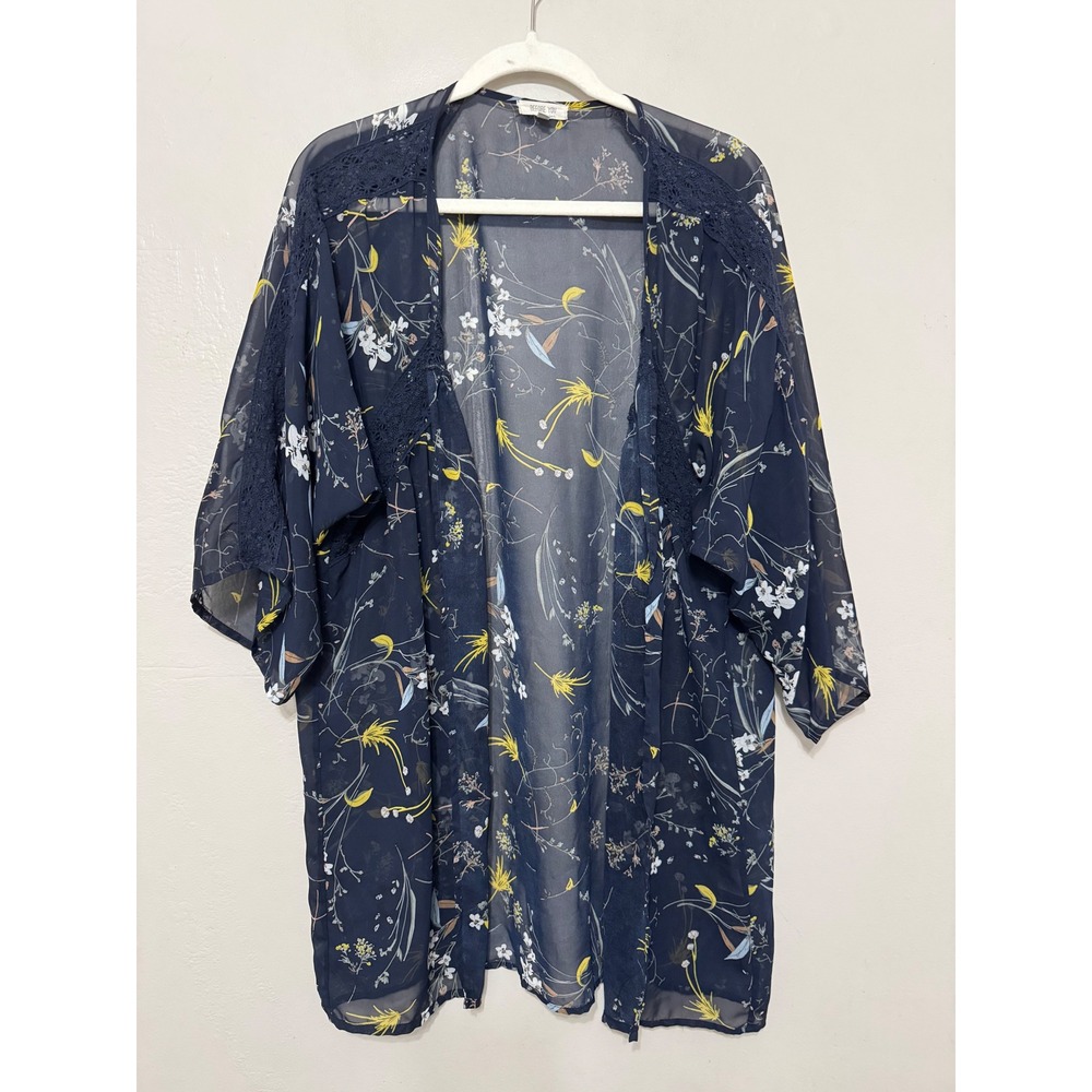 Before You Collection Navy Blue Floral Chiffon Kimono‎ Lace Trim Festival Layer